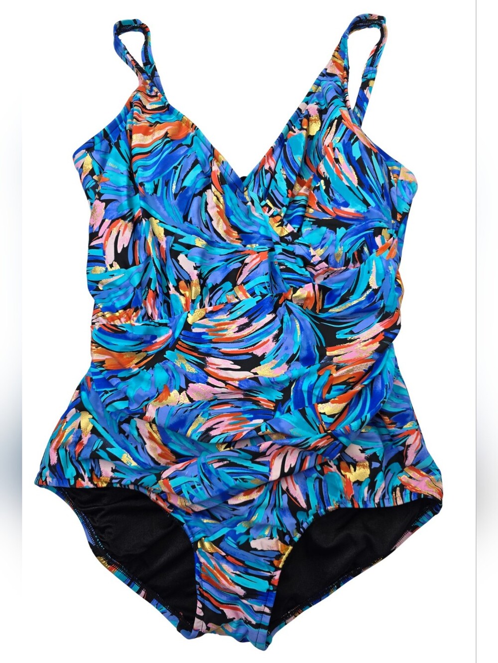 Maxine of Hollywood 14 Blue Gold Shirred Surplice One-Piece Swimsuit 2236-CV